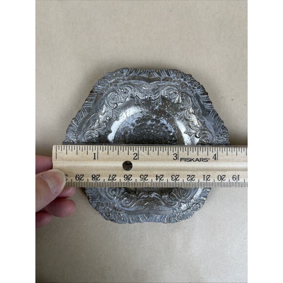 3 VTG Ornate Embossed Metal Trinket Dish 4.5” Floral Scroll Baroque Jewelry Tray - Picture 11 of 11